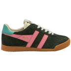 Gola trainer in dark green with pink stripes, teal heel tab, and gum sole on a white background