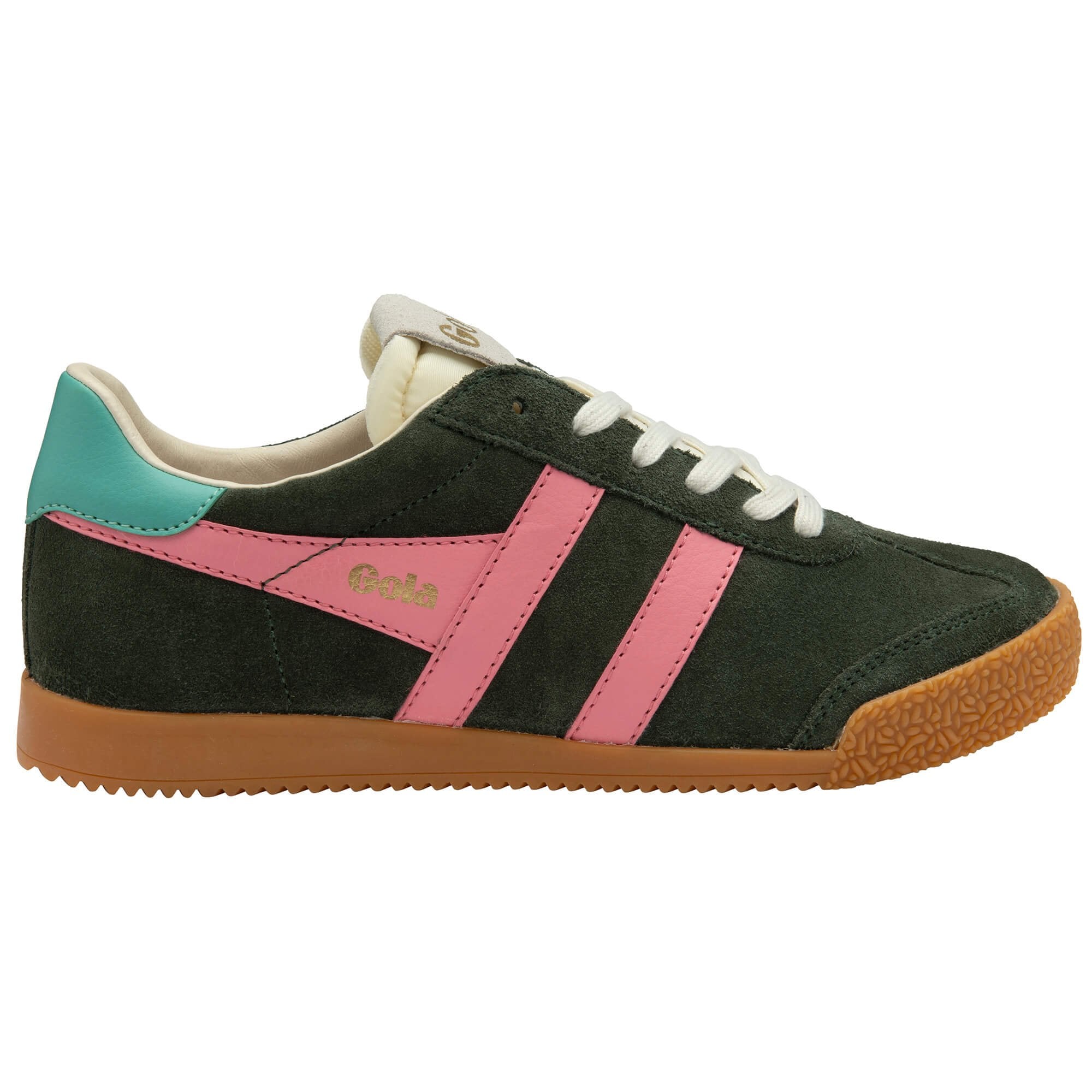 Gola trainer in dark green with pink stripes, teal heel tab, and gum sole on a white background