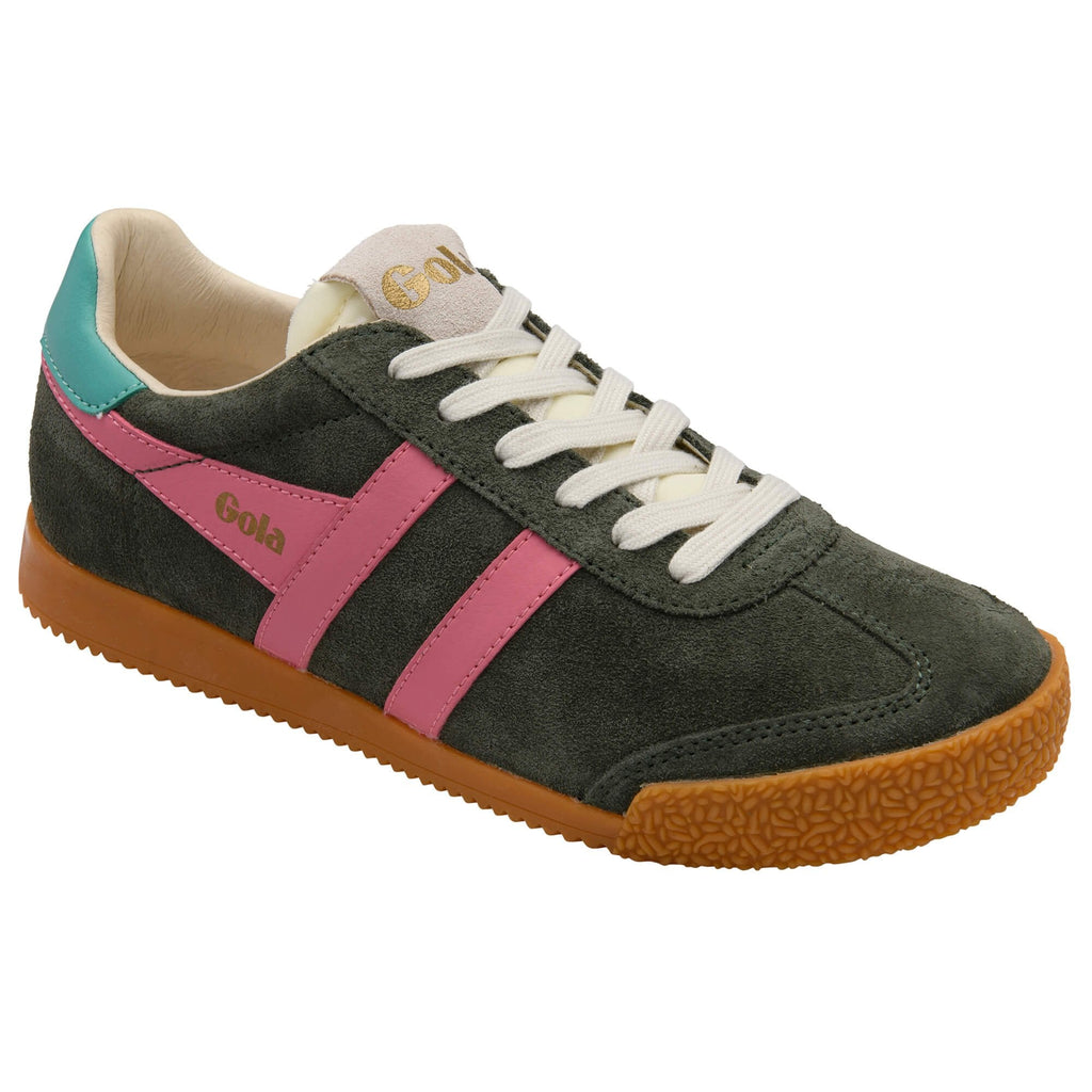 Green Gola trainer with pink stripe and gum sole on a white background