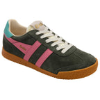 Green Gola trainer with pink stripe and gum sole on a white background