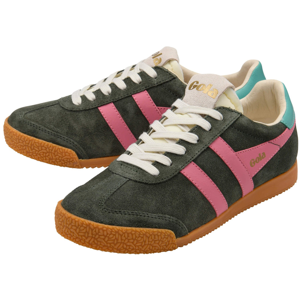 Pair of green Gola trainers with pink stripes and gum soles on a white background