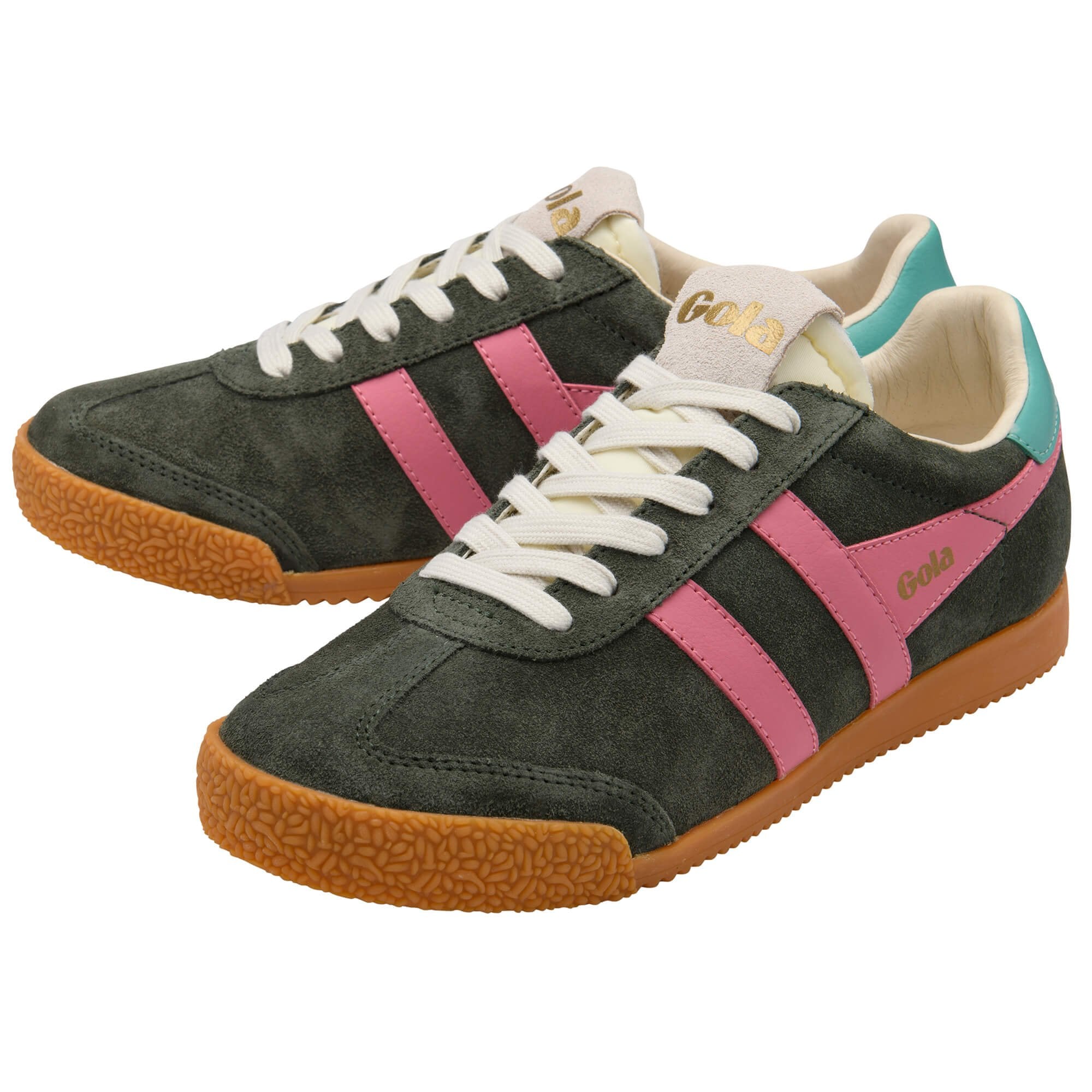 Pair of green Gola trainers with pink stripes and gum soles on a white background