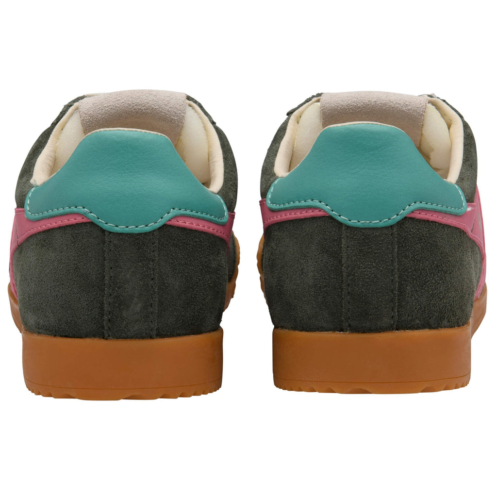 Pair of green Gola trainers with blue and pink accents on a white background