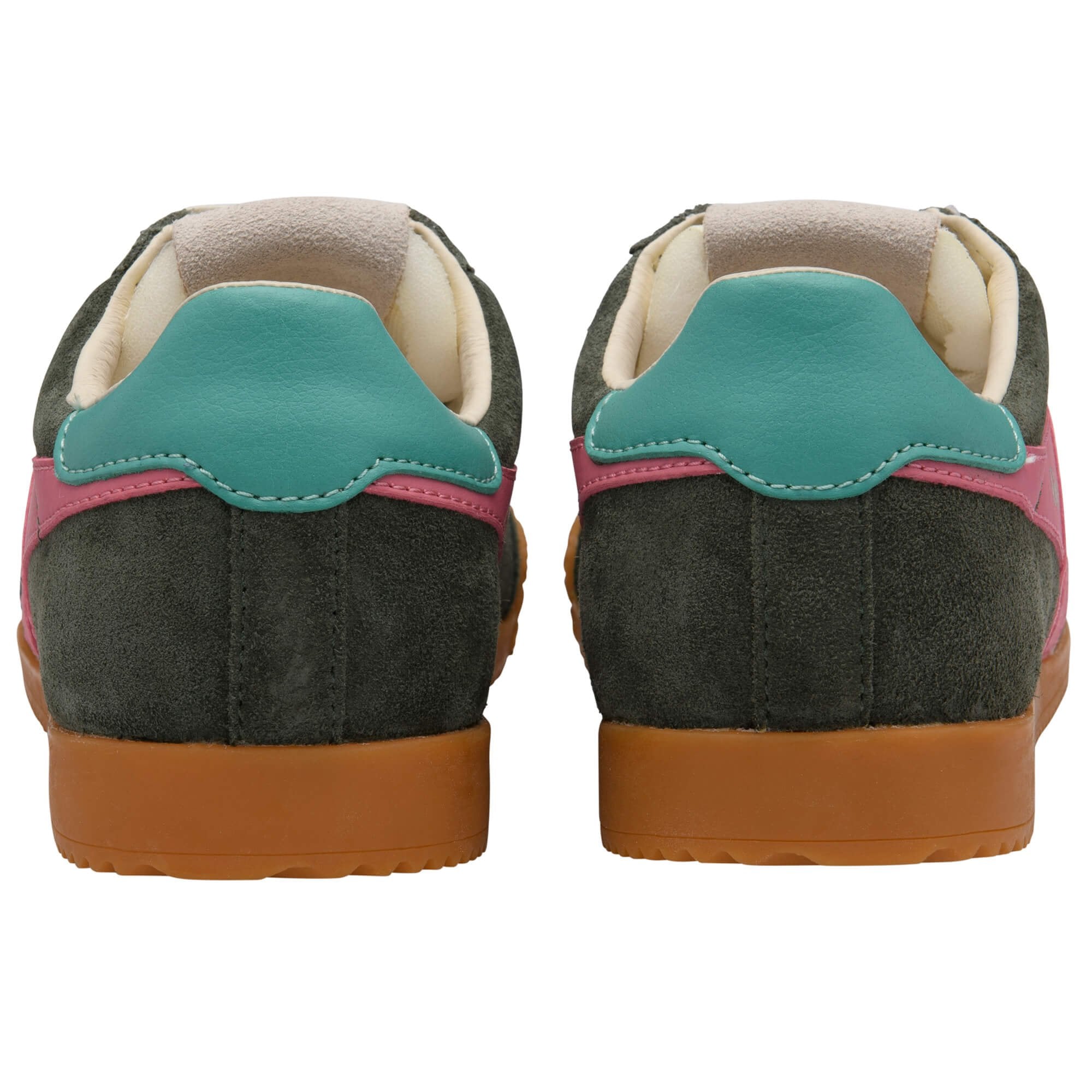 Pair of green Gola trainers with blue and pink accents on a white background