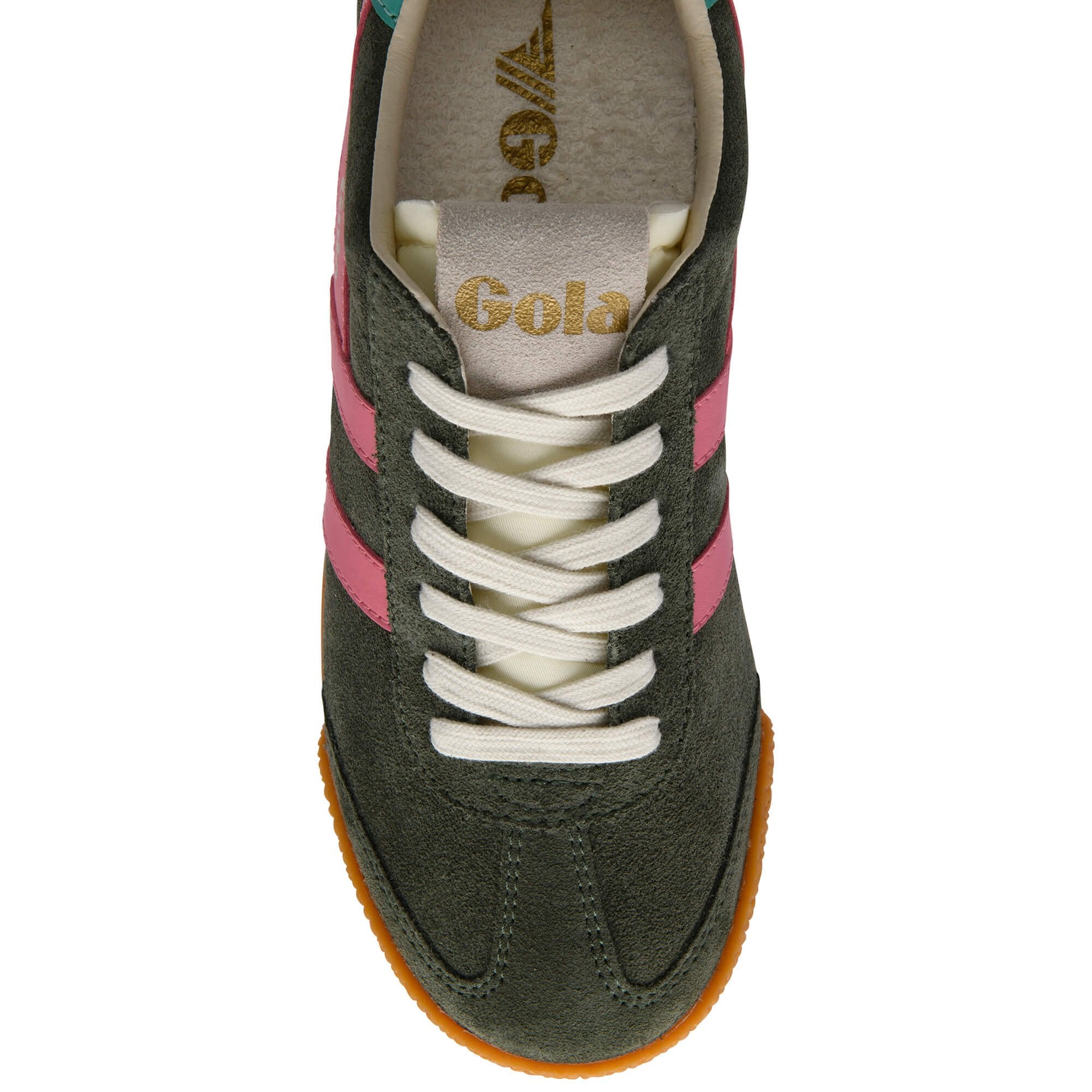 Green Gola trainer with pink stripes and white laces on a white background