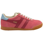 Gola trainer in pink with light blue heel tab, white laces, and gum sole on a white background