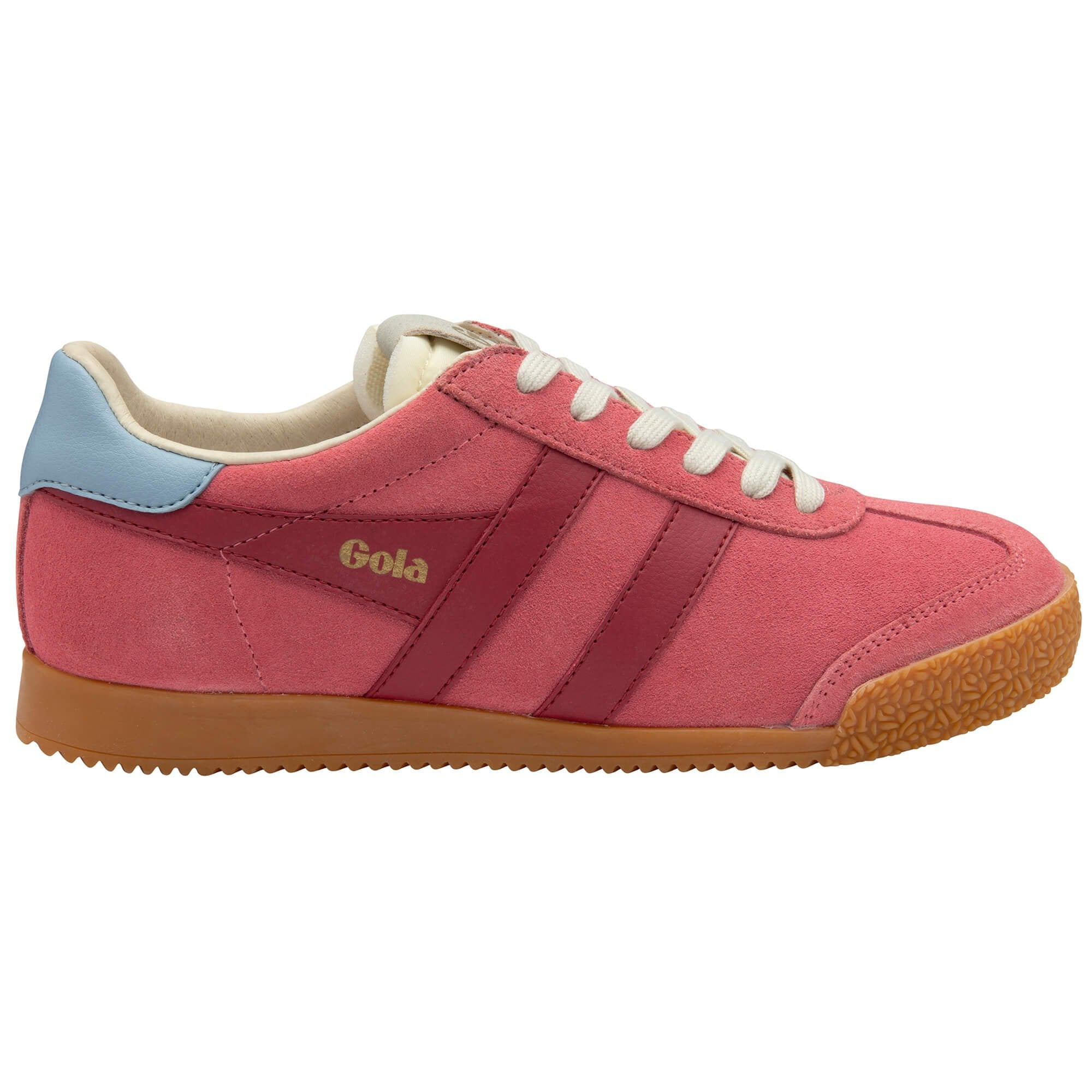 Gola trainer in pink with light blue heel tab, white laces, and gum sole on a white background