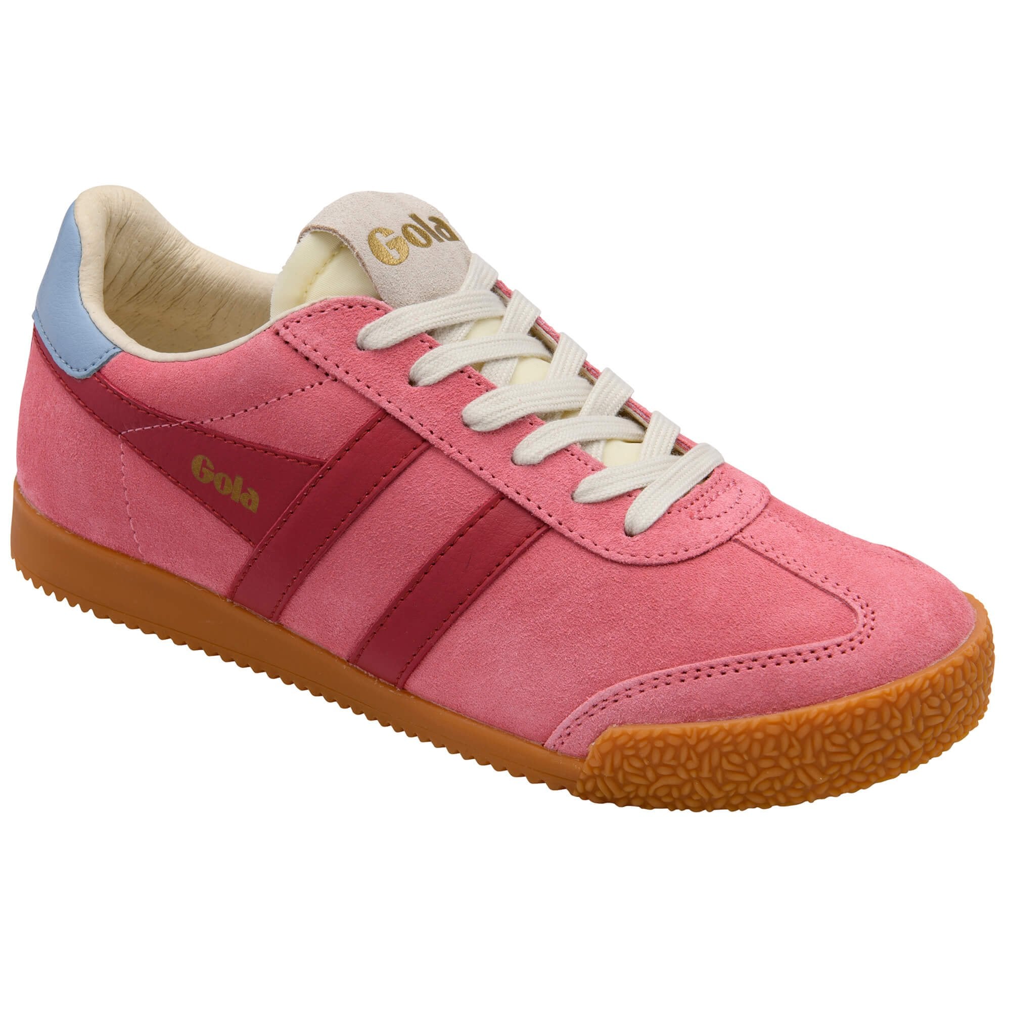 Pink Gola trainer with red stripes, white laces, light blue heel tab, and gum sole on a white background