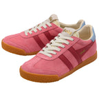 Pink Gola trainers with white laces, blue heel tab and brown soles on a white background