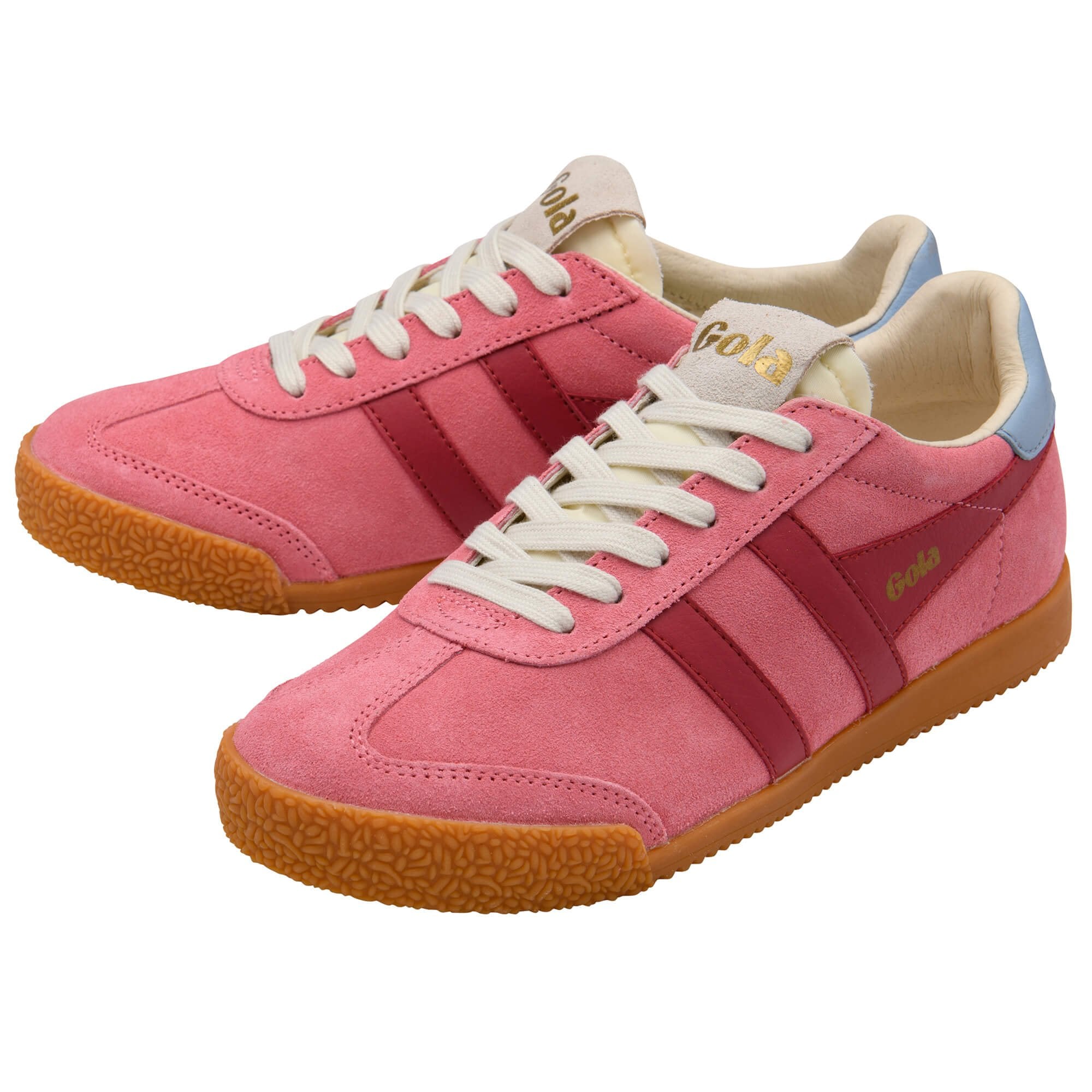 Pink Gola trainers with white laces, blue heel tab and brown soles on a white background