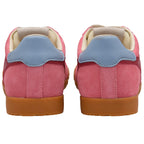 Pink Gola trainers with blue heel tabs on a white background