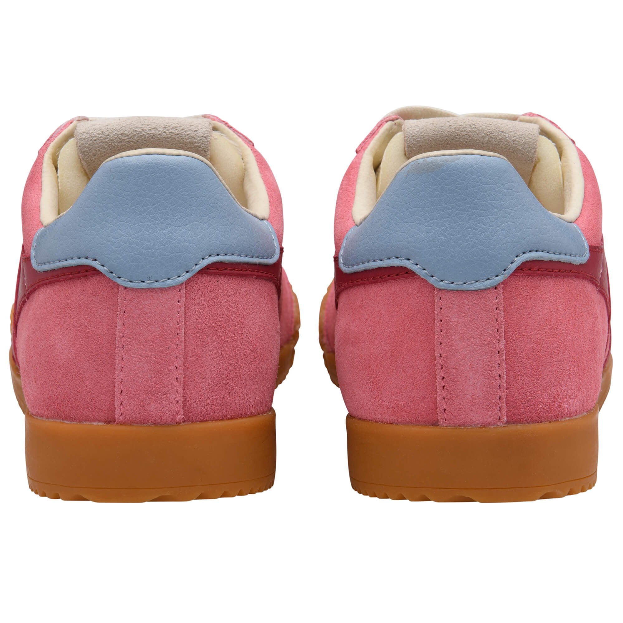 Pink Gola trainers with blue heel tabs on a white background