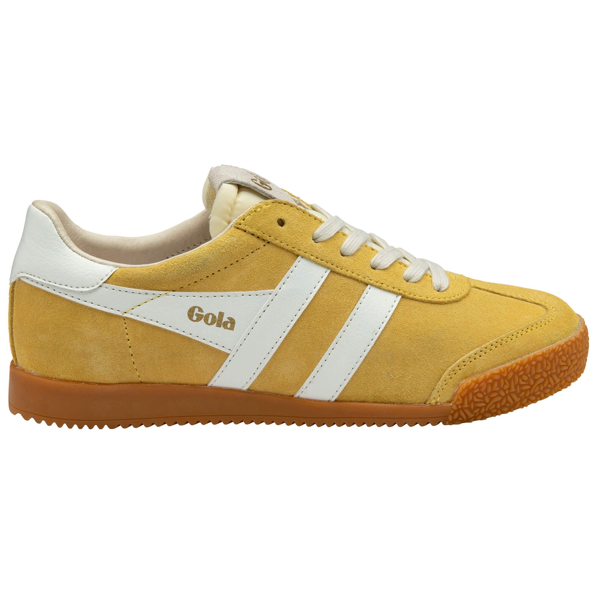 Yellow Gola trainer with white stripes and gum sole on a white background