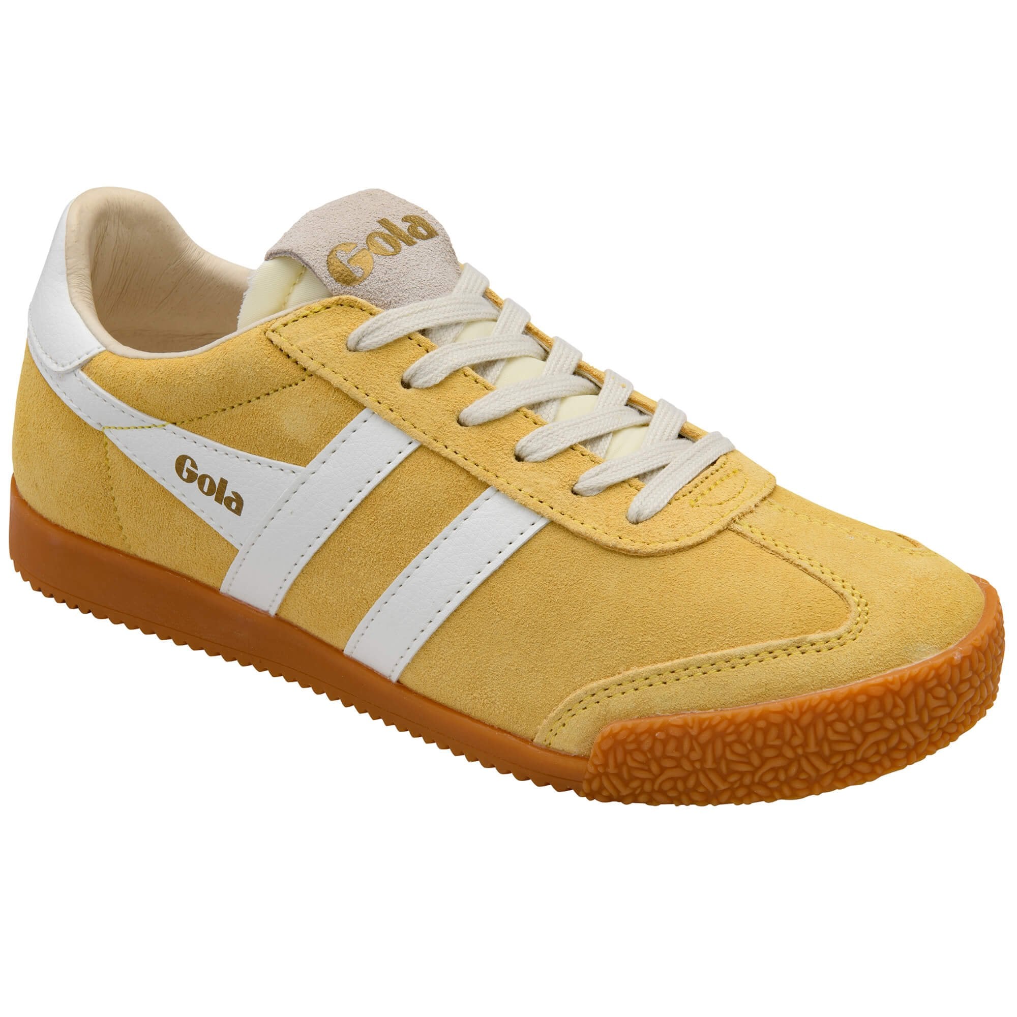 Yellow Gola trainer with white accents on a white background