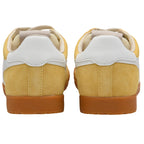 Pair of yellow Gola trainers with white accents and gum soles on a white background