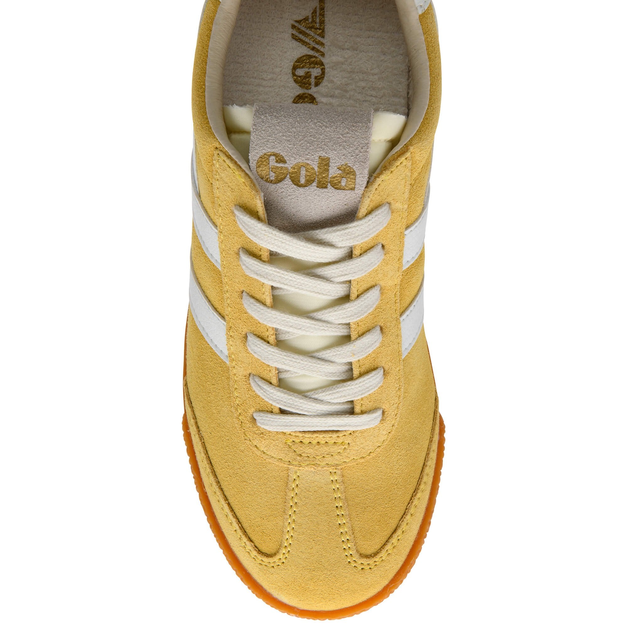 Yellow Gola trainer with white stripes and laces on a white background