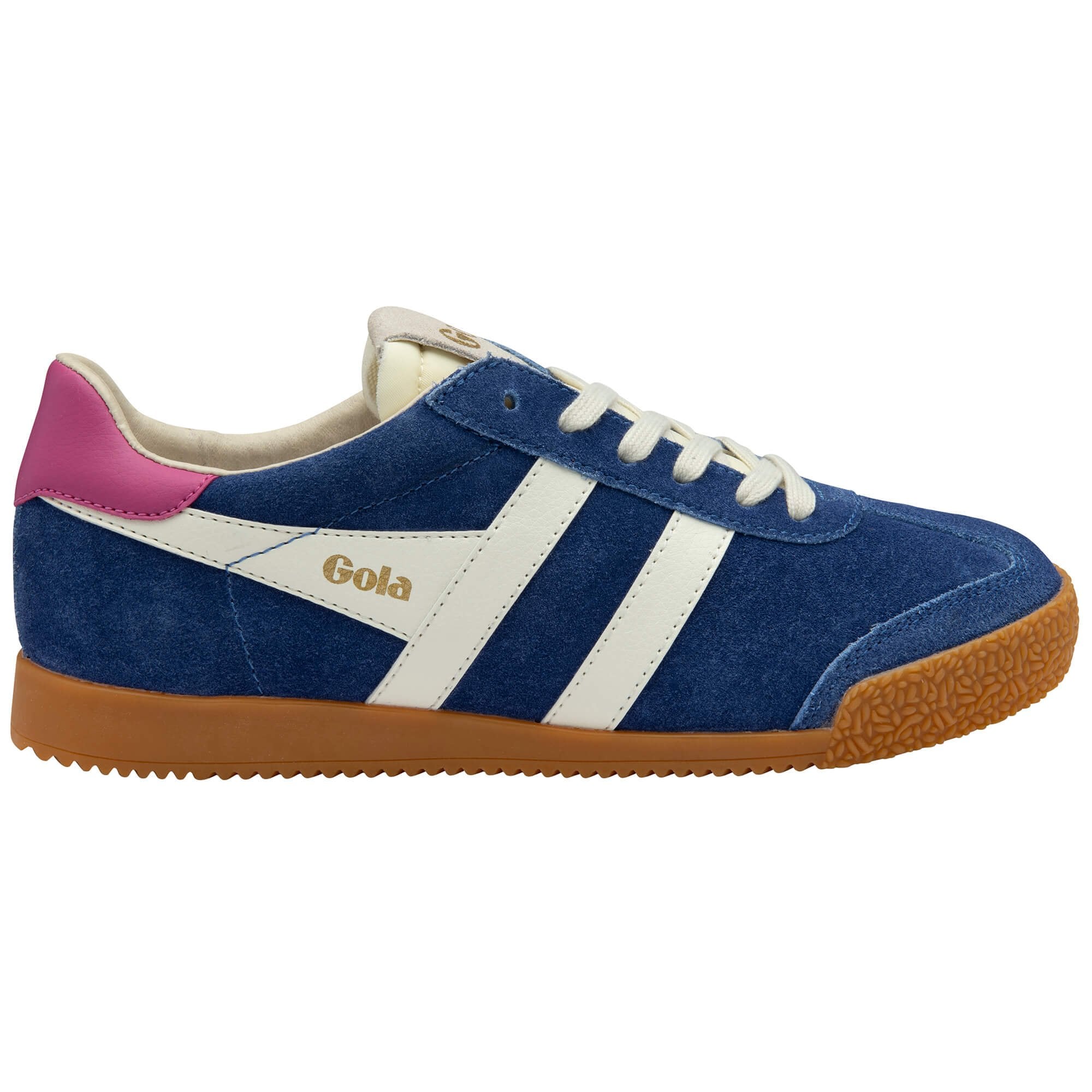 Blue Gola trainer with white stripes, pink accents and brown sole on a white background