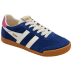 Blue Gola trainer with white stripes and brown sole on a white background