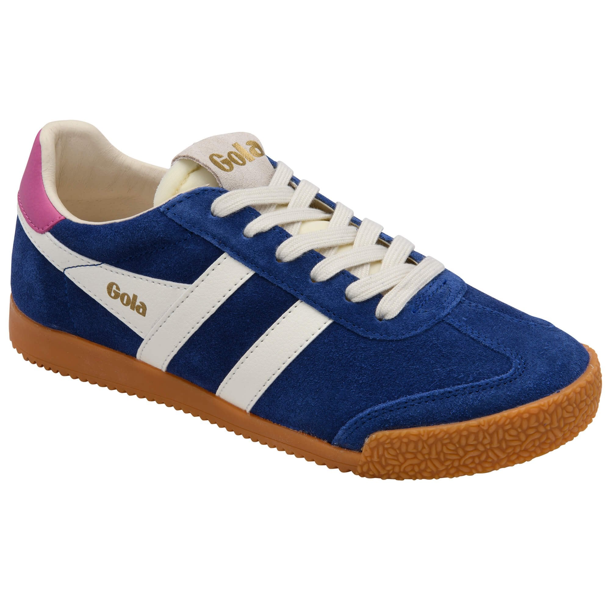 Blue Gola trainer with white stripes and brown sole on a white background