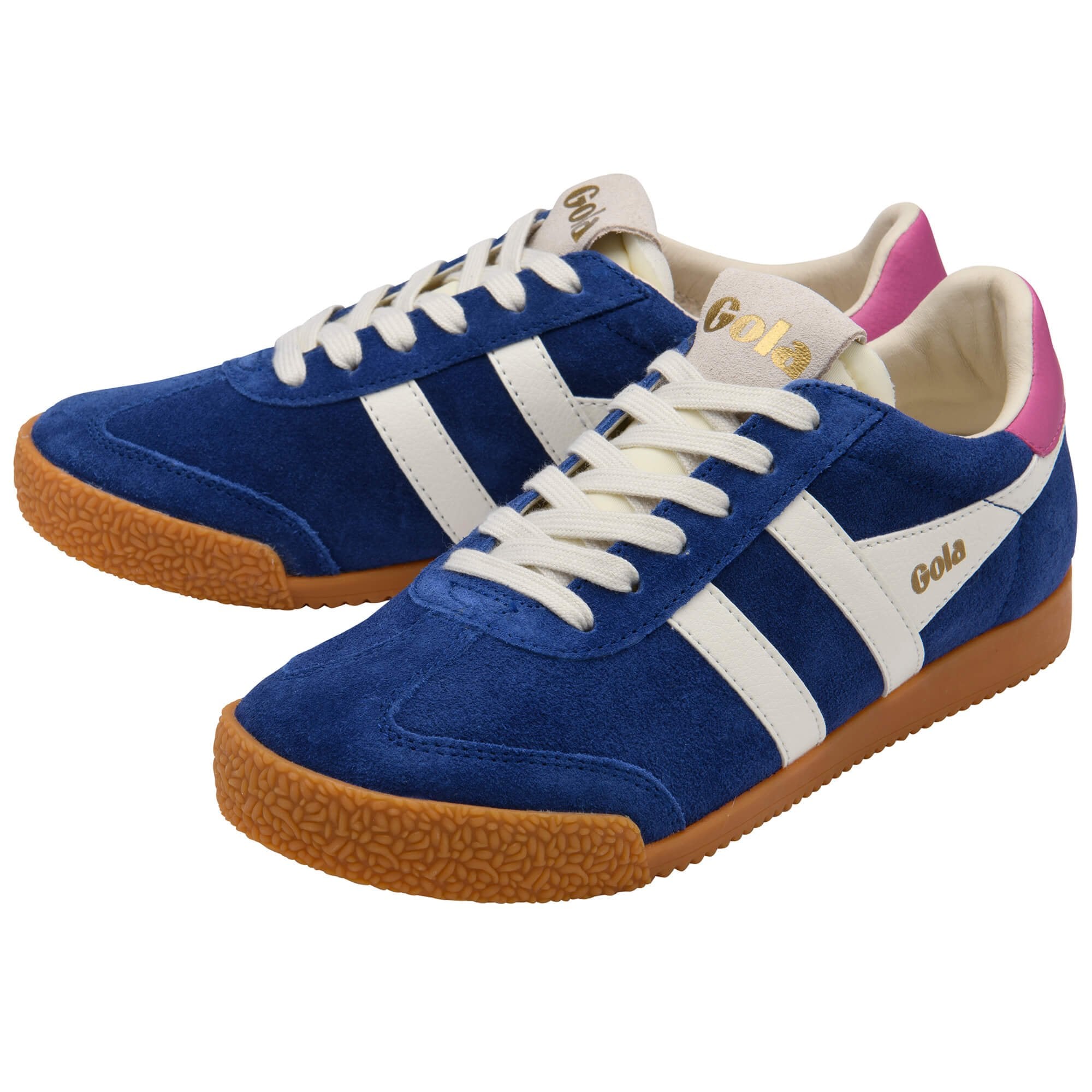 Blue Gola trainers with white stripes and brown soles on a white background