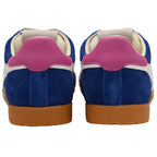 Rear view of two blue Gola trainers with pink heel tabs and gum soles on a white background