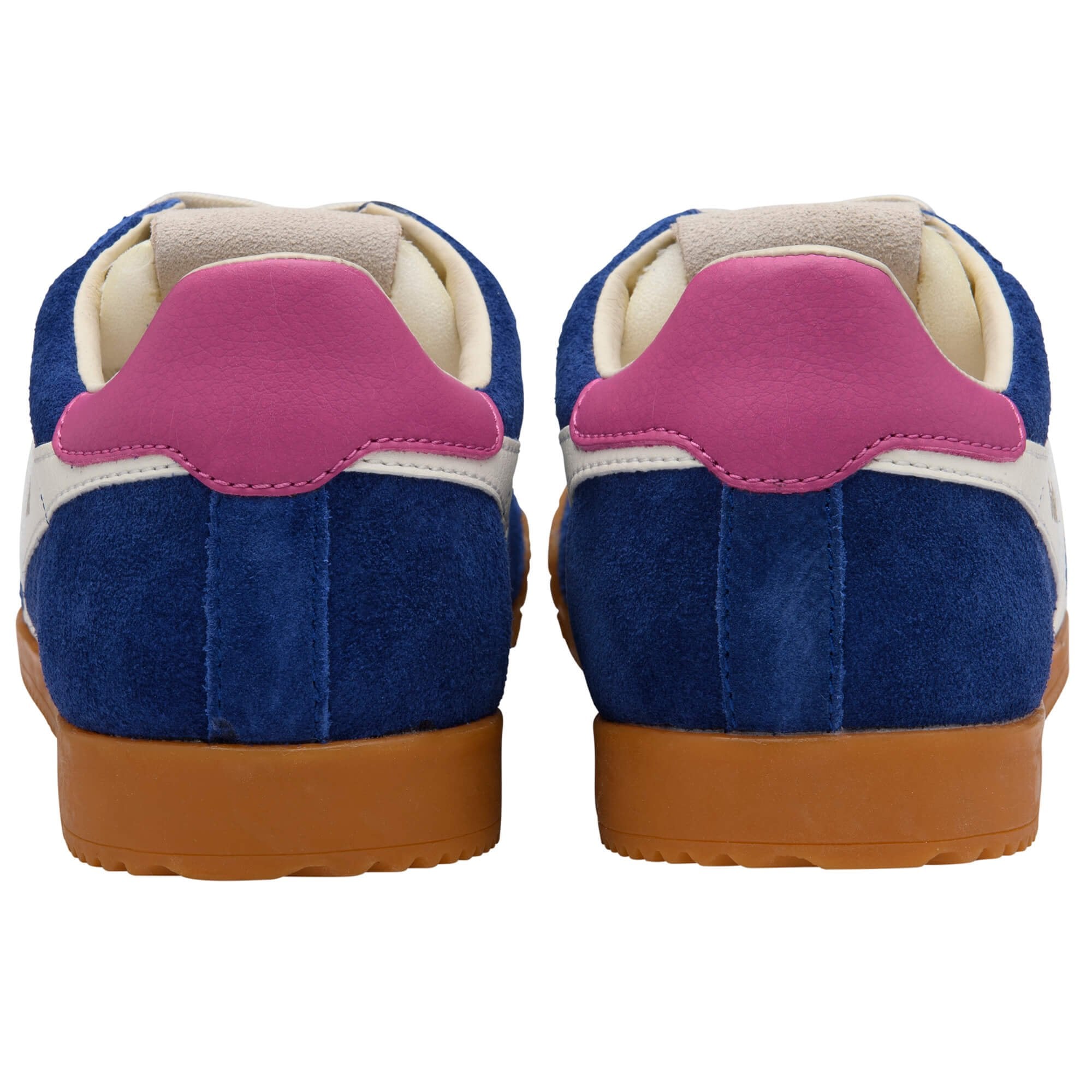 Rear view of two blue Gola trainers with pink heel tabs and gum soles on a white background