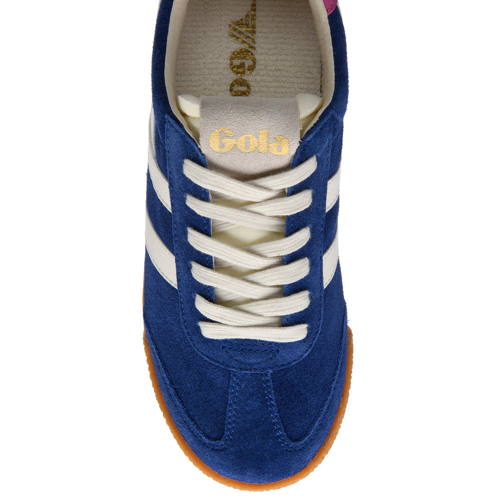 Blue Gola trainer with white stripes and laces, gold Gola logo on tongue, and gum sole on a white background