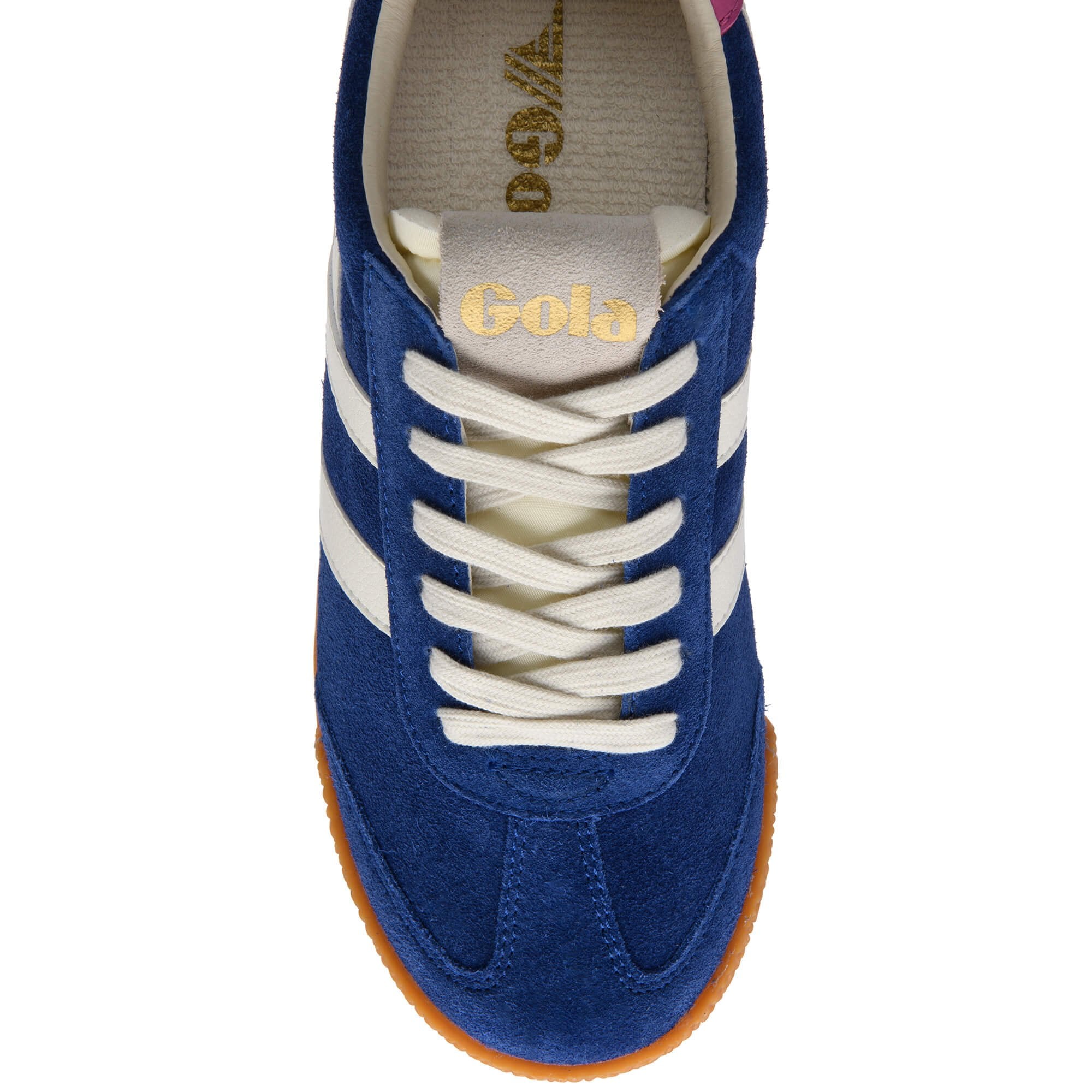 Blue Gola trainer with white stripes and laces, gold Gola logo on tongue, and gum sole on a white background