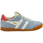 Blue Gola trainer with red heel and gum sole on a white background