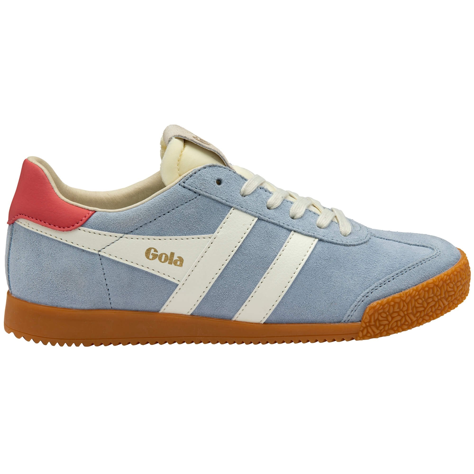 Blue Gola trainer with red heel and gum sole on a white background
