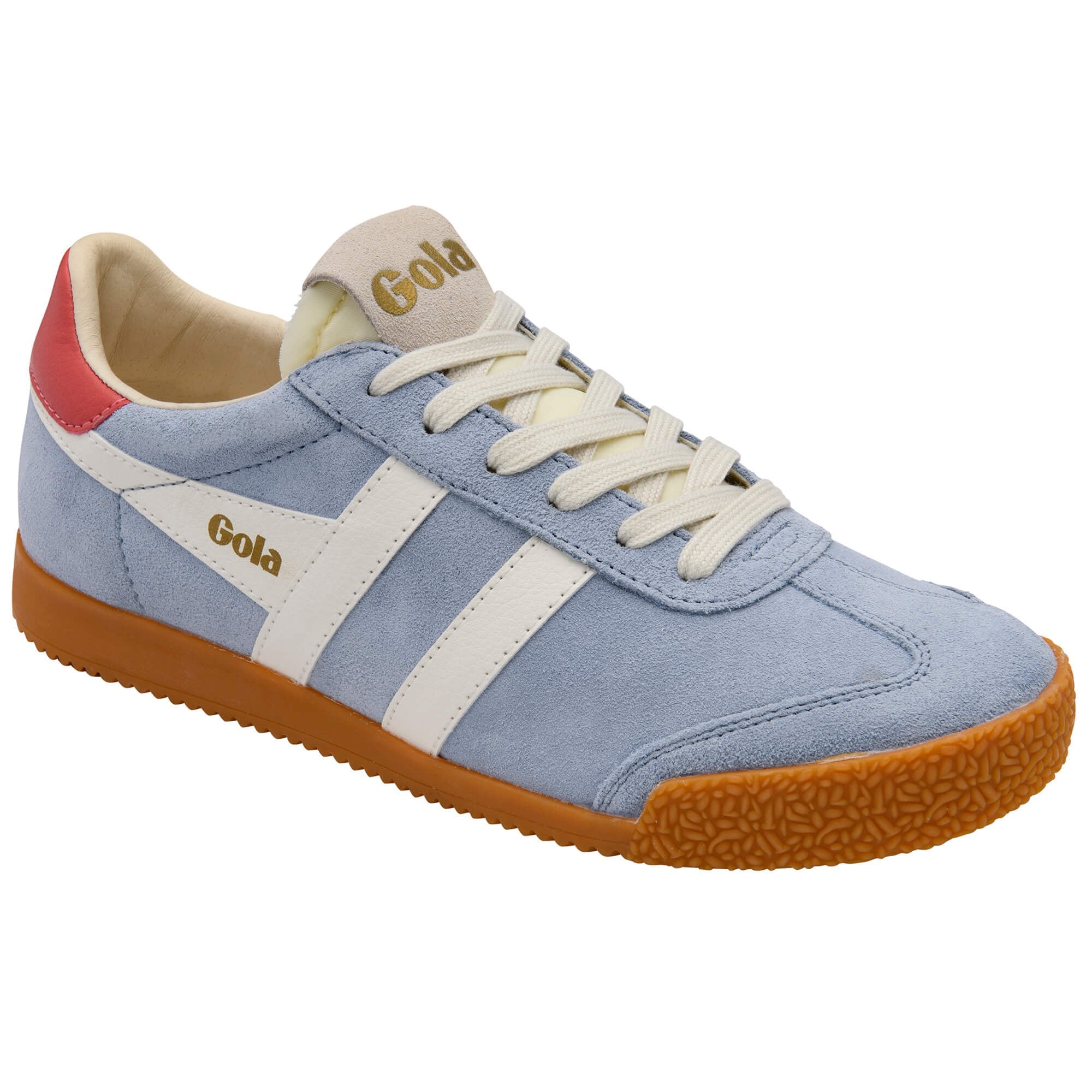 Light blue Gola trainer with white stripes, red heel tab, and gum sole on a white background