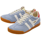 Pair of light blue Gola trainers with white stripes, red accents, white laces and a gum sole on a white background