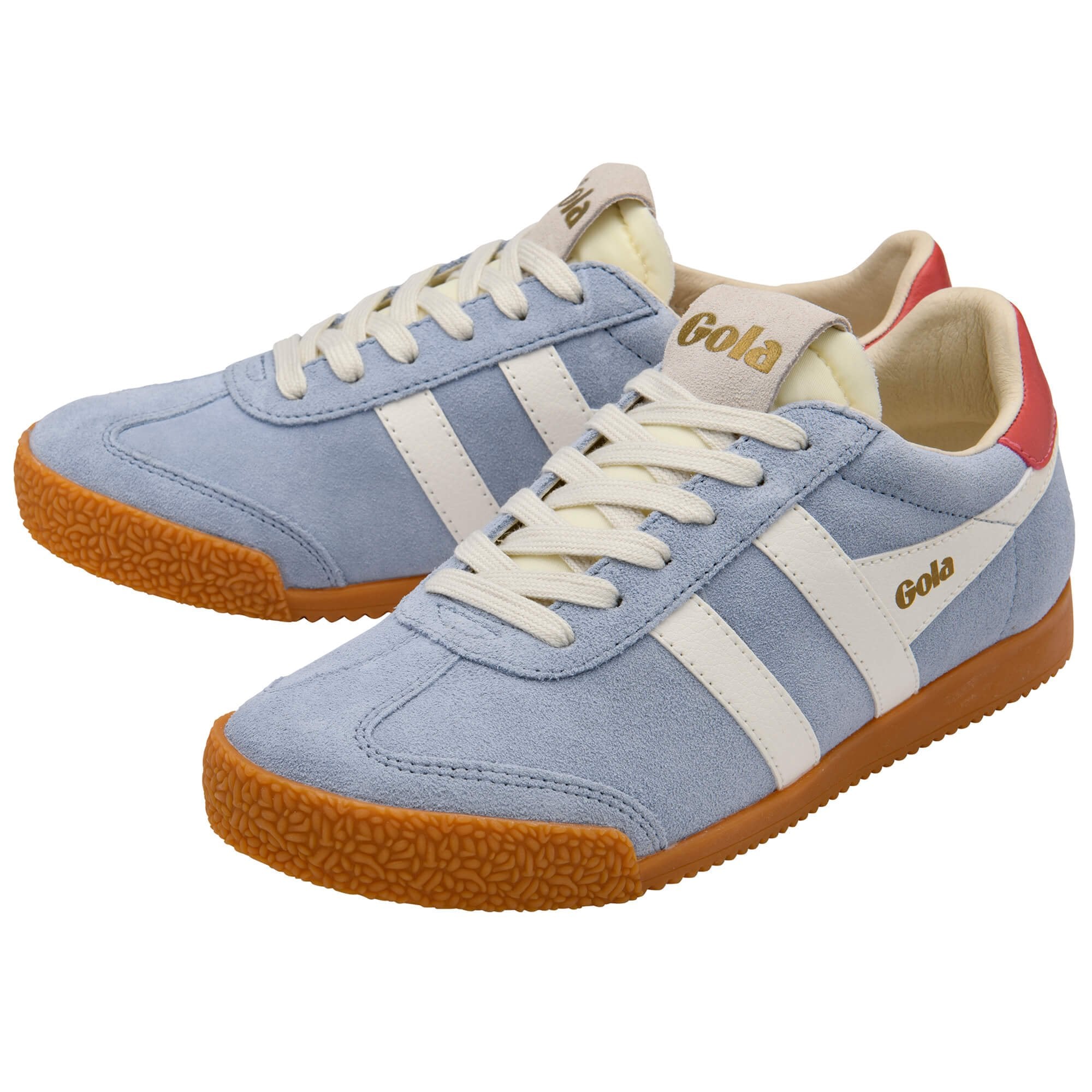 Pair of light blue Gola trainers with white stripes, red accents, white laces and a gum sole on a white background
