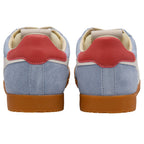 Pair of light blue Gola trainers with red heel tabs and gum soles, rear view on a white background