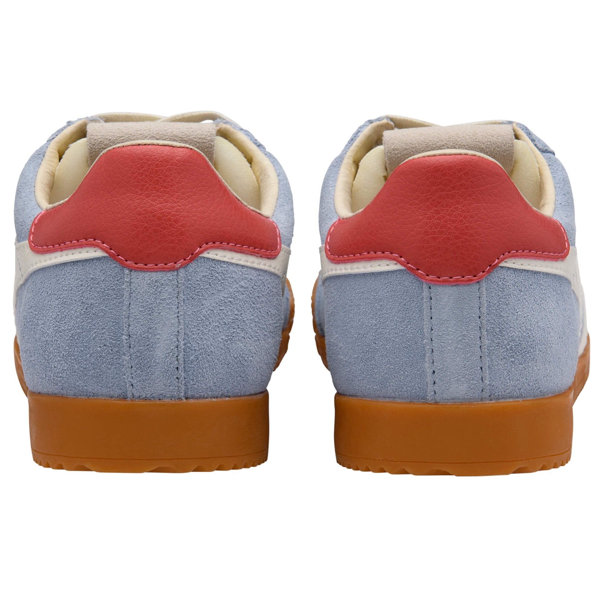 Pair of light blue Gola trainers with red heel tabs and gum soles, rear view on a white background