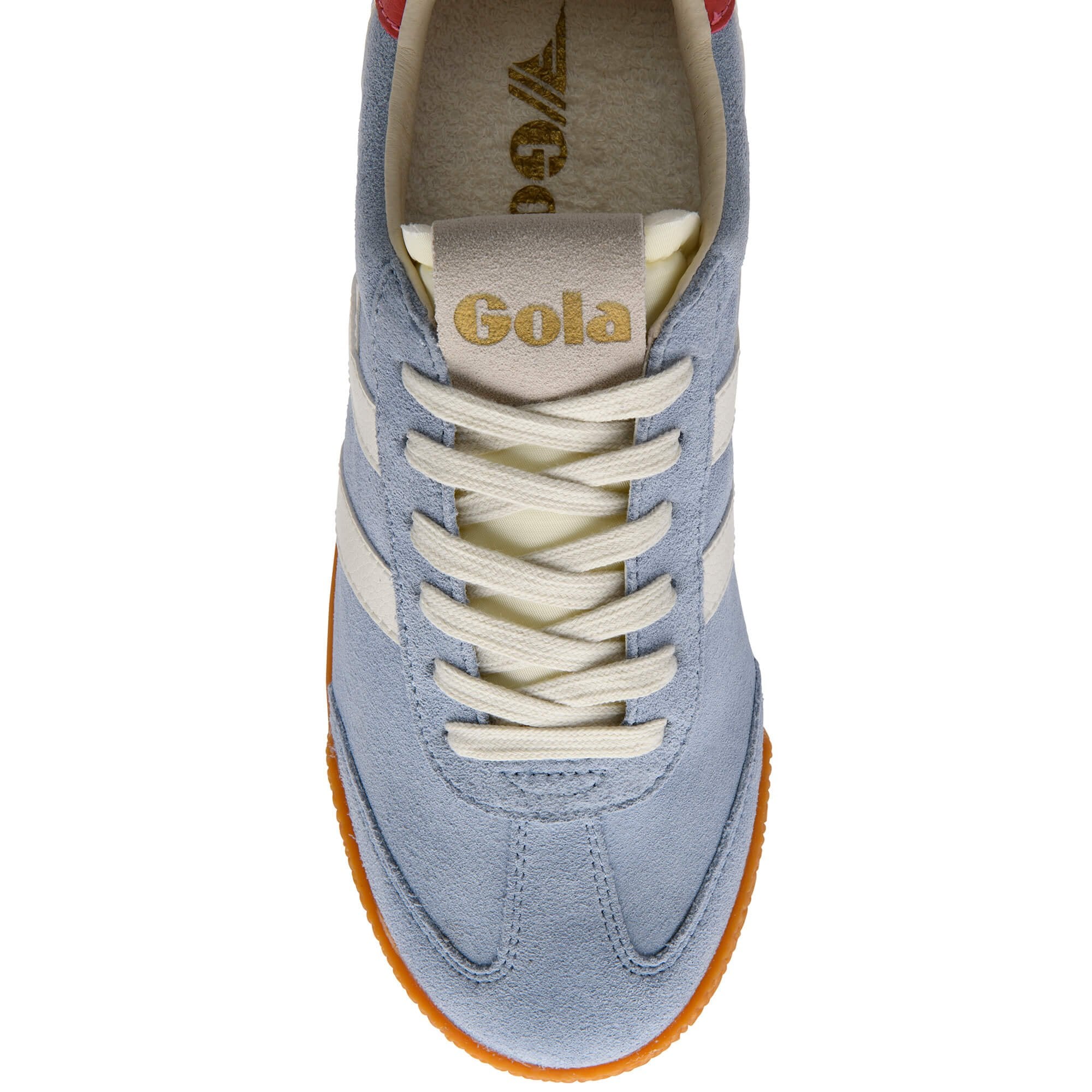 Light blue Gola trainer with white stripes and laces, and a gum sole on a white background