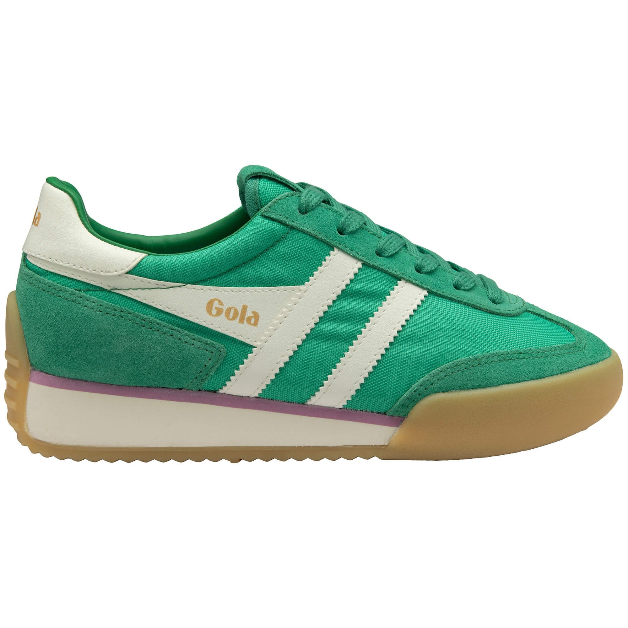 Green trainer with white stripes and brown sole on a white background