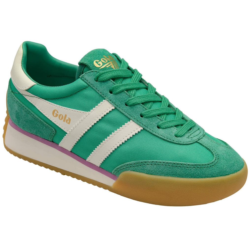 Green Gola trainer with white stripes and purple trim