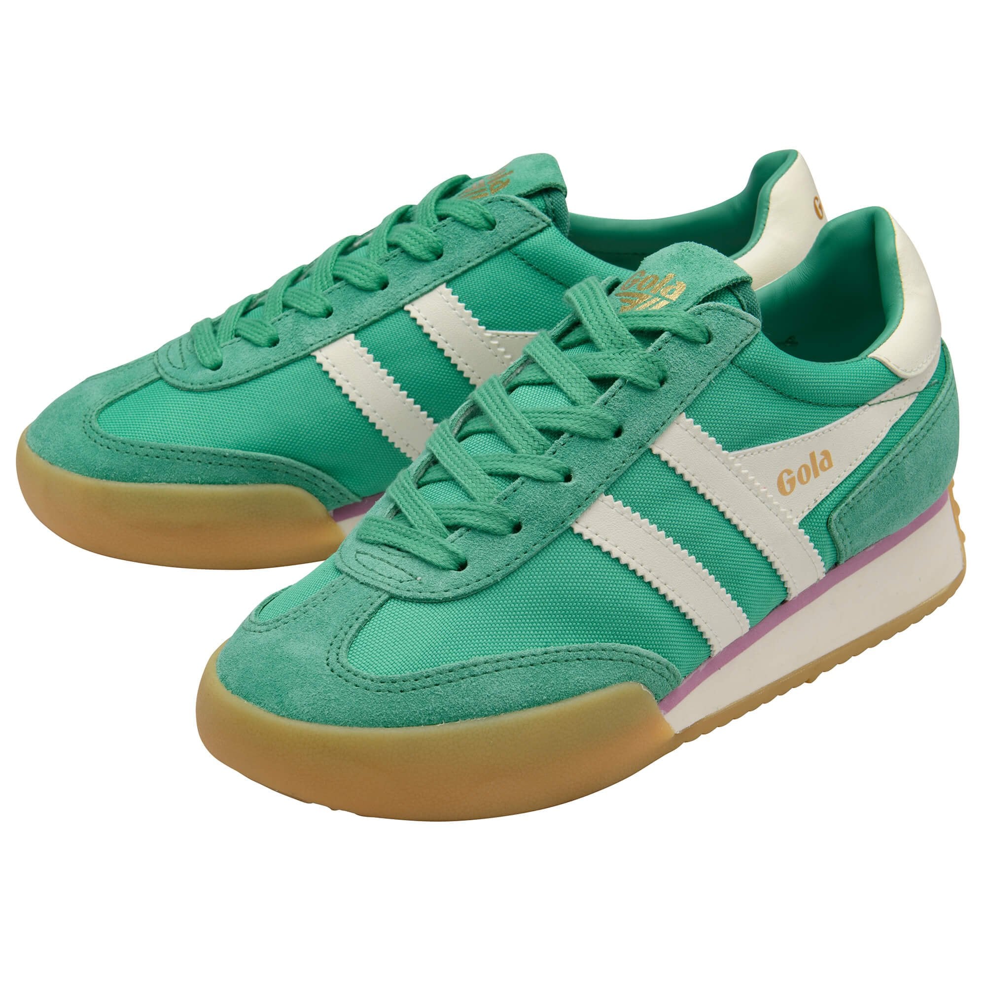 Pair of Gola trainers in green with white stripes and gum sole