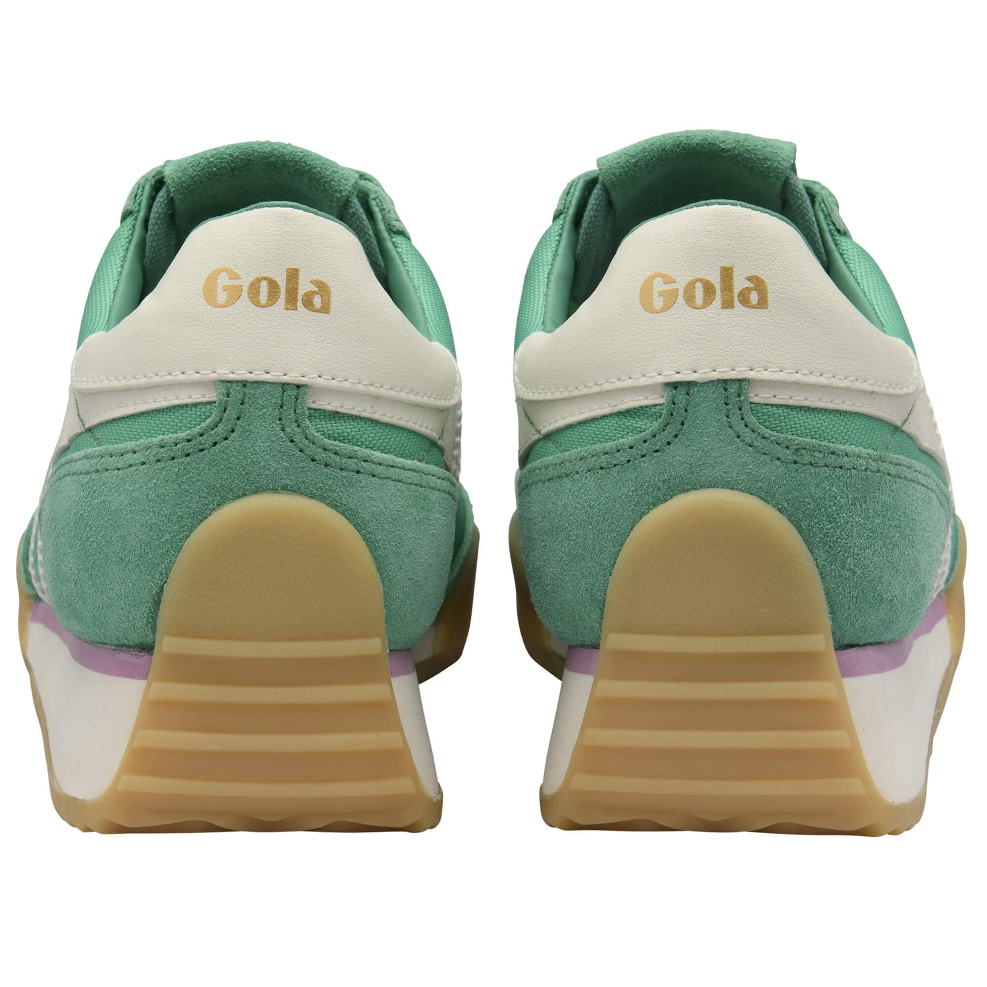 Rear view of two green and white Gola trainers with brown soles
