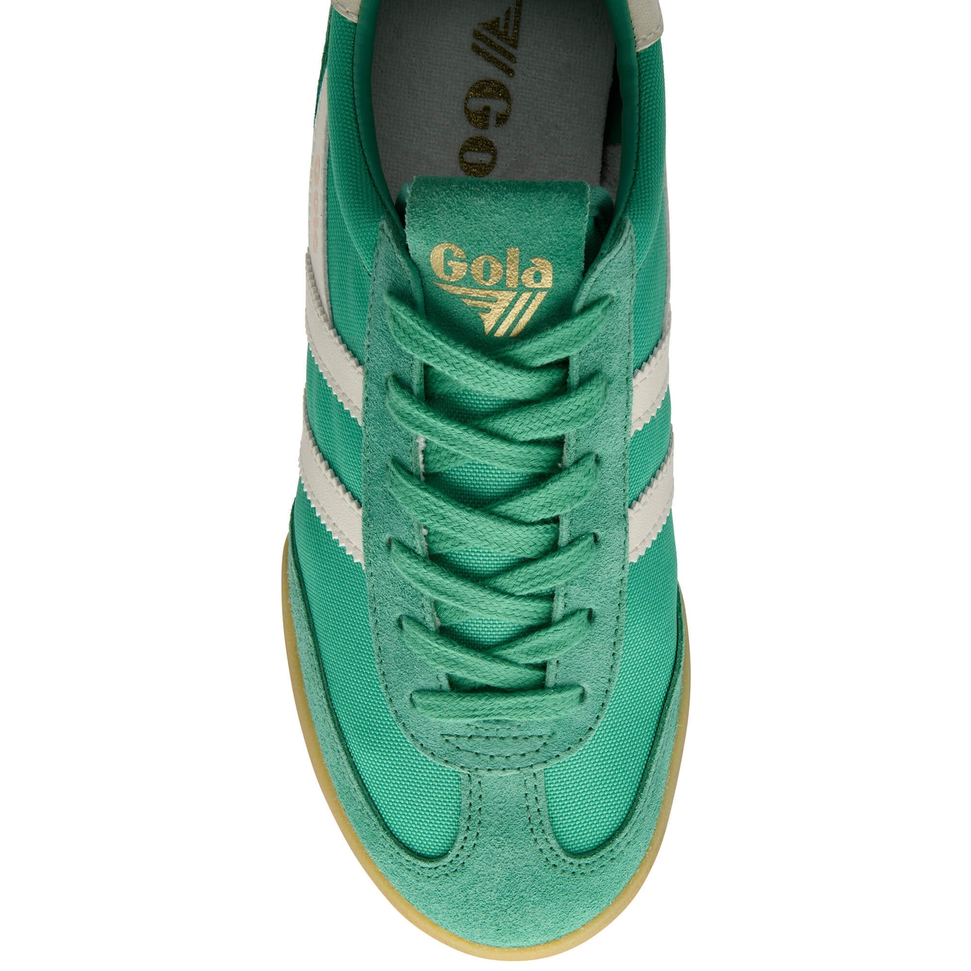 Green Gola trainer with white stripes on a white background