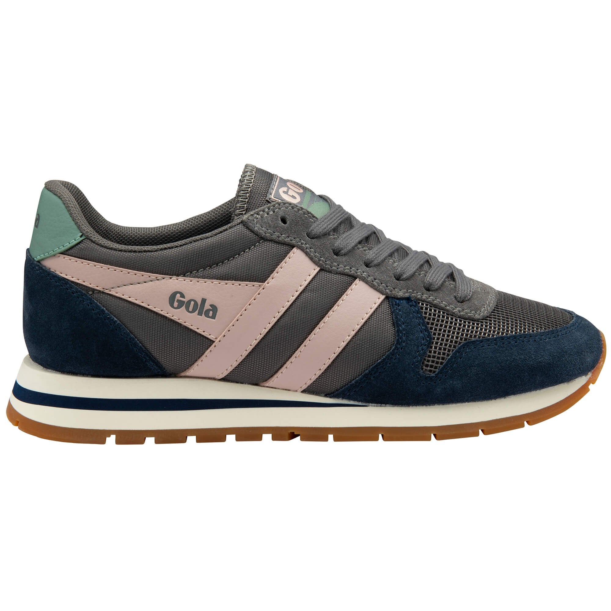 Grey Gola trainer with pink, blue and green accents on a white background