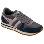 Navy and grey Gola trainer with pink stripes and grey laces on a white background