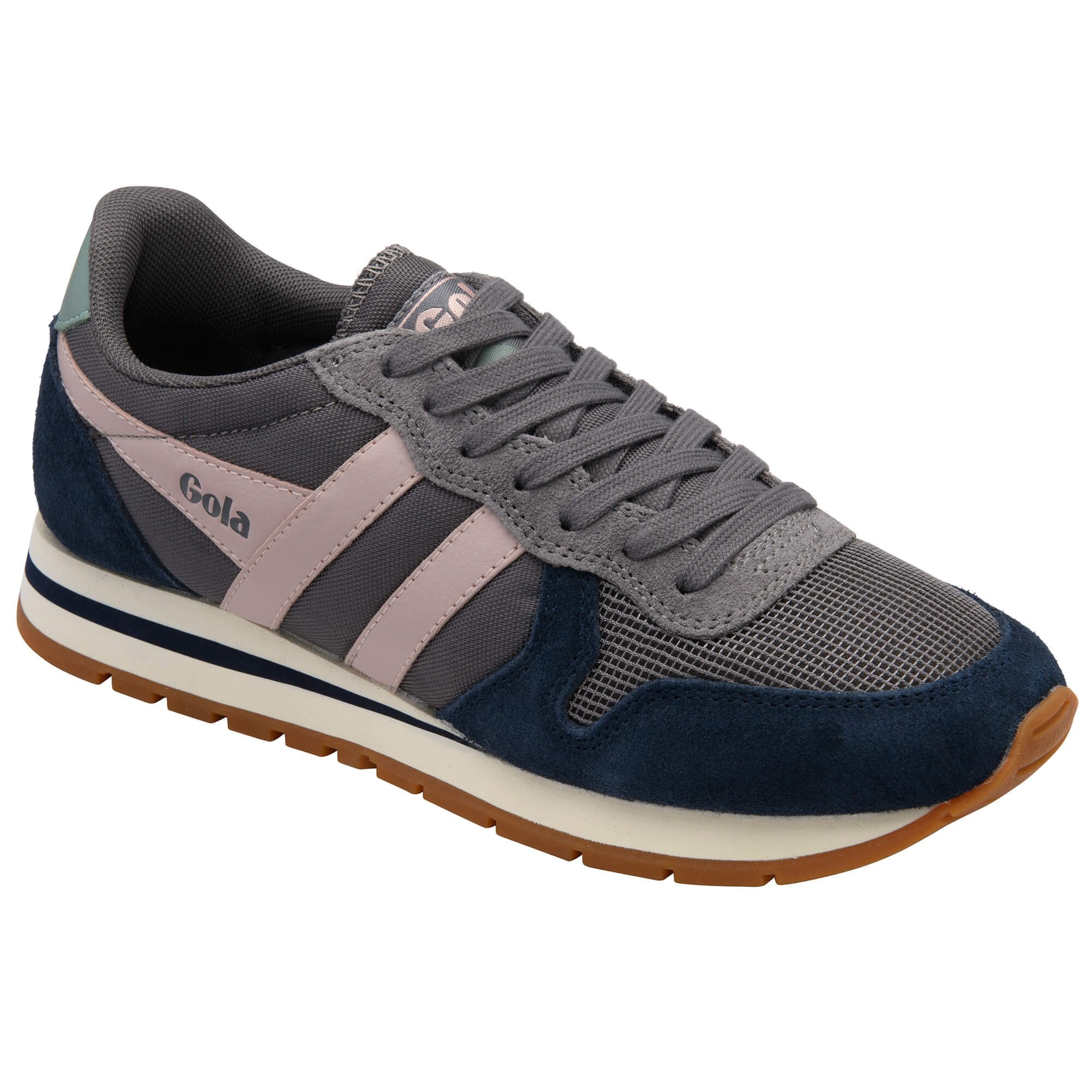 Navy and grey Gola trainer with pink stripes and grey laces on a white background