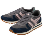 Pair of navy and grey Gola trainers with pink stripes on a white background