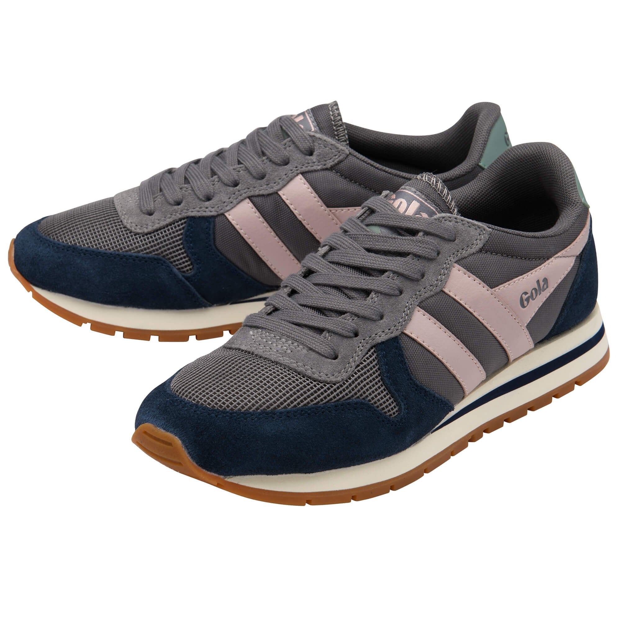 Pair of navy and grey Gola trainers with pink stripes on a white background
