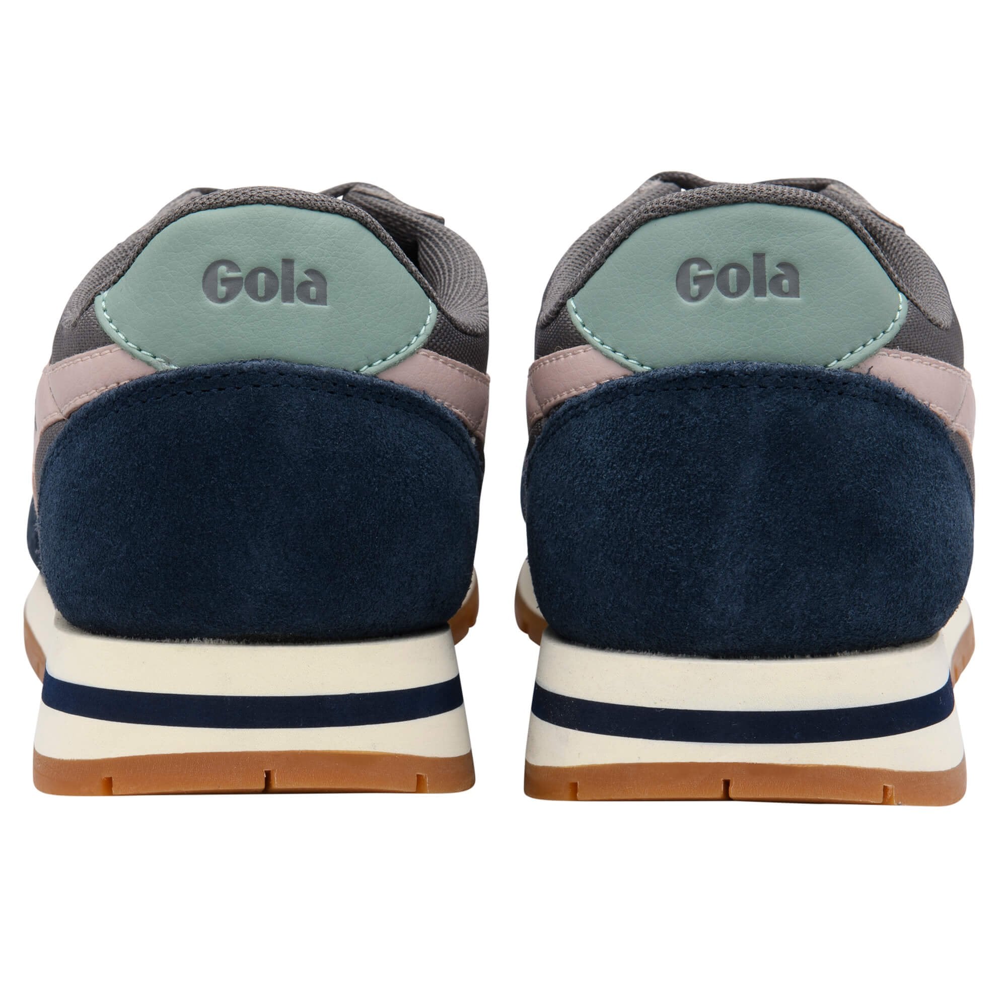 Gola trainers with green heel tab and blue accents shown from the back on a white background
