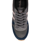 Grey and navy Gola trainer with grey laces on a white background