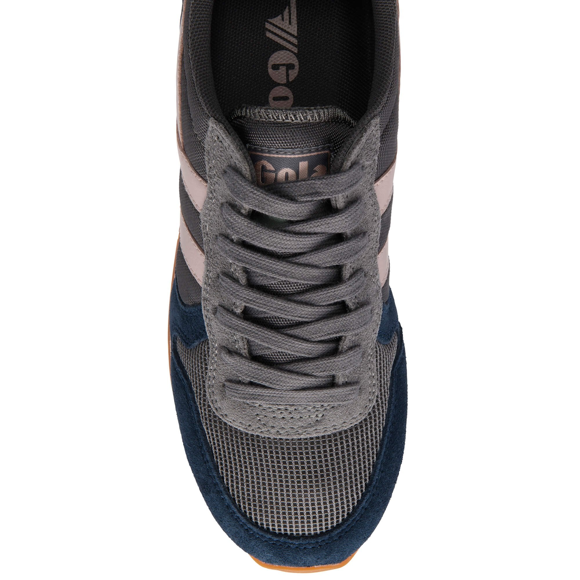 Grey and navy Gola trainer with grey laces on a white background