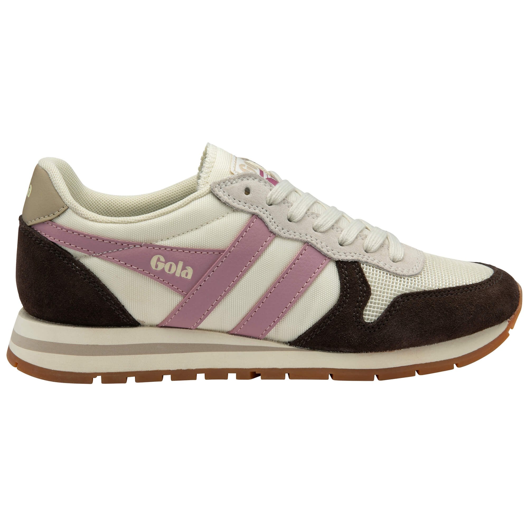 White Gola trainer with pink stripes and brown accents on a white background